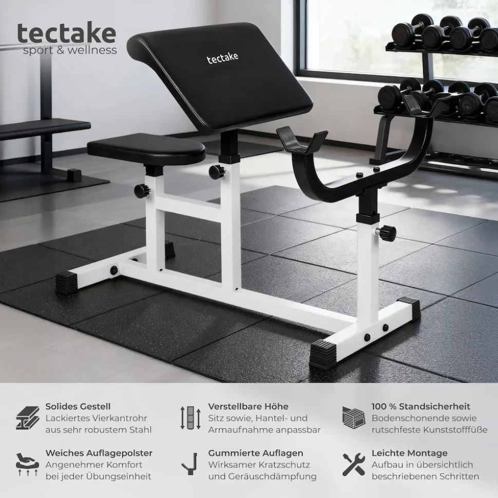 tectake® Curlbank, Hantelablage 5-fach höhenverstellbar, gepolstert mit Kunstlederbezug, rutschfest, 98 x 65 x 94 cm