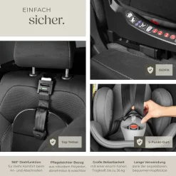 tectake® Drehbarer Autositz, i-Size Zulassung, ISOFIX-Installation und Top Tether, mit Seitenaufprallschutz, längenverstellbarer 5-Punkt-Gurt, höhenverstellbare Kopfstütze, ab Geburt bis 150 cm, Belastbarkeit 36 kg