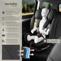 tectake® Drehbarer Autositz, i-Size Zulassung, ISOFIX-Installation und Top Tether, mit Seitenaufprallschutz, längenverstellbarer 5-Punkt-Gurt, höhenverstellbare Kopfstütze, ab Geburt bis 150 cm, Belastbarkeit 36 kg
