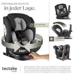 tectake® Drehbarer Autositz, i-Size Zulassung, ISOFIX-Installation und Top Tether, mit Seitenaufprallschutz, längenverstellbarer 5-Punkt-Gurt, höhenverstellbare Kopfstütze, ab Geburt bis 150 cm, Belastbarkeit 36 kg