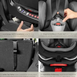 tectake® Drehbarer Autositz, i-Size Zulassung, ISOFIX-Installation und Top Tether, mit Seitenaufprallschutz, längenverstellbarer 5-Punkt-Gurt, höhenverstellbare Kopfstütze, ab Geburt bis 150 cm, Belastbarkeit 36 kg