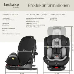 tectake® Drehbarer Autositz, i-Size Zulassung, ISOFIX-Installation und Top Tether, mit Seitenaufprallschutz, längenverstellbarer 5-Punkt-Gurt, höhenverstellbare Kopfstütze, ab Geburt bis 150 cm, Belastbarkeit 36 kg