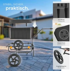 tectake® Fahrradanhänger, 2 in 1 multifunktional, luftgefüllte Profilreifen mit Kugellager, Belastbarkeit 50 kg, 70 Liter, ca. 148 x 64 x 81 cm