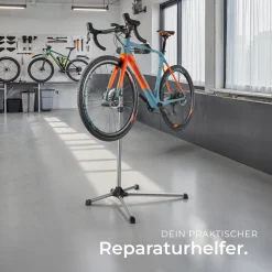 tectake® Fahrradmontageständer, für alle gängigen Modelle, lackschonend, inklusive Werkzeugablage mit Montageschlüssel