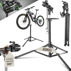 tectake® Fahrradmontageständer, Belastbarkeit 50 kg, klappbar mit Schnellverschlüssen, lackschonend, inklusive Vorderrad-Stabilisator und magnetischer Werkzeugablage