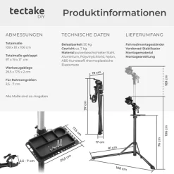 tectake® Fahrradmontageständer, Belastbarkeit 50 kg, klappbar mit Schnellverschlüssen, lackschonend, inklusive Vorderrad-Stabilisator und magnetischer Werkzeugablage