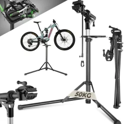 tectake® Fahrradmontageständer, Belastbarkeit 50 kg, klappbar mit Schnellverschlüssen, lackschonend, inklusive Vorderrad-Stabilisator und magnetischer Werkzeugablage