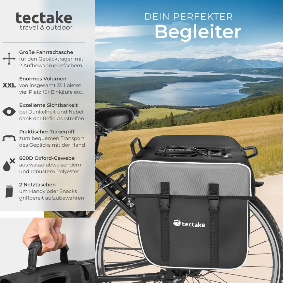 tectake® Fahrradtasche, für den Gepäckträger, mit Schnallenverschluss, Tragegriff und Reflektorstreifen, 34 x 17 x 30 cm