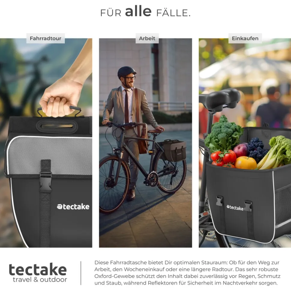 tectake® Fahrradtasche, für den Gepäckträger, mit Schnallenverschluss, Tragegriff und Reflektorstreifen, 34 x 17 x 30 cm