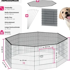 tectake® Freilaufgehege, aus 8 Gitterelementen, große Tür mit Verriegelung, 145 x 73 cm