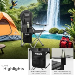 tectake® Gepolsterter Campingstuhl, faltbar, inkl. Tragetasche, wasserabweisendes 600D Oxford-Gewebe, 88,5 x 55 x 103 cm, Belastbarkeit 120 kg