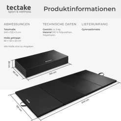 tectake® Gymnastikmatte, klappbar und erweiterbar, hautfreundlich und pflegeleicht, 240 x 120 x 5 cm