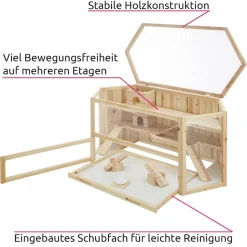 tectake® Hamsterkäfig, aus Holz, aufklappbares Dachgitter, 115 x 60 x 58 cm