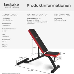 tectake® Hantelbank, mit Schnellverstellung, Sitz 2-fach verstellbar, rutschfest, 116 x 51 x 122 cm