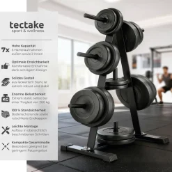 tectake® Hantelscheibenständer, mit 7 Aufnahmen, platzsparend, bodenschonende Kunststoffkappen, Belastbarkeit 200 kg
