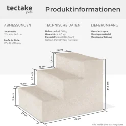 tectake® Haustiertreppe, für Hunde und Katzen, Belastbarkeit 50 kg, pflegeleicht, 37 x 45 x 34,5 cm
