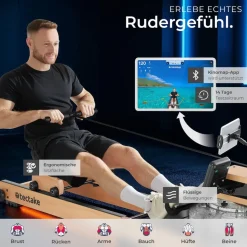 tectake® Holzrudergerät, aus massiver Buche, klappbar, 6-fach verstellbare Pedale, mit LCD-Anzeige, flexibler Handyhalterung und Bluetooth