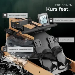 tectake® Holzrudergerät, aus massiver Buche, klappbar, 6-fach verstellbare Pedale, mit LCD-Anzeige, flexibler Handyhalterung und Bluetooth