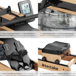 tectake® Holzrudergerät, aus massiver Buche, klappbar, 6-fach verstellbare Pedale, mit LCD-Anzeige, flexibler Handyhalterung und Bluetooth