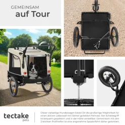 tectake® Hundeanhänger, 3in1 multifunktional, gefedert, Belastbarkeit 40 kg, 240 Liter, inklusive Reflektoren, Leine und Warnfahne