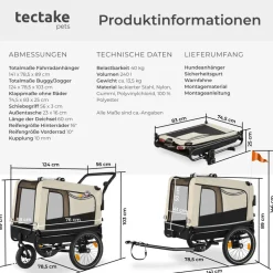 tectake® Hundeanhänger, 3in1 multifunktional, gefedert, Belastbarkeit 40 kg, 240 Liter, inklusive Reflektoren, Leine und Warnfahne