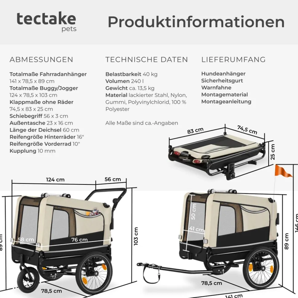 tectake® Hundeanhänger, 3in1 multifunktional, gefedert, Belastbarkeit 40 kg, 240 Liter, inklusive Reflektoren, Leine und Warnfahne