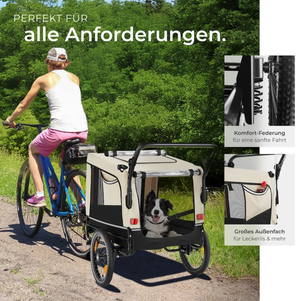 tectake® Hundeanhänger, 3in1 multifunktional, gefedert, Belastbarkeit 40 kg, 240 Liter, inklusive Reflektoren, Leine und Warnfahne