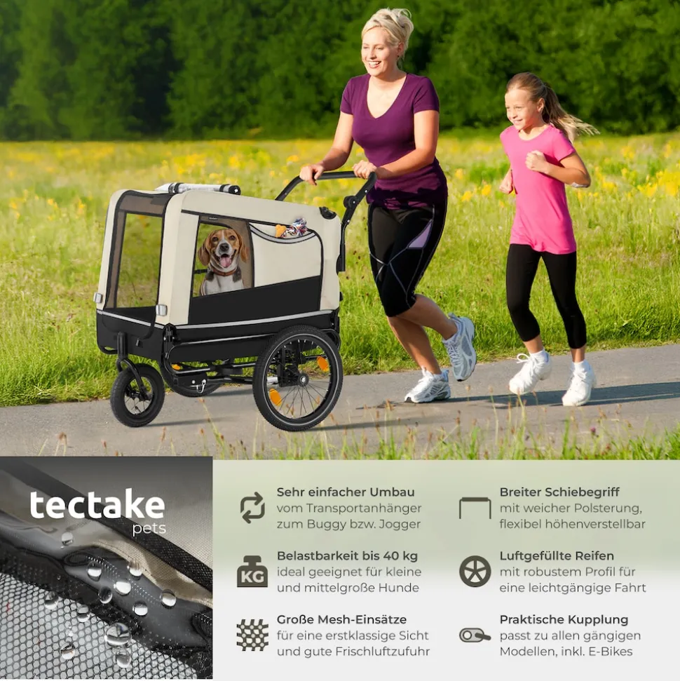 tectake® Hundeanhänger, 3in1 multifunktional, gefedert, Belastbarkeit 40 kg, 240 Liter, inklusive Reflektoren, Leine und Warnfahne