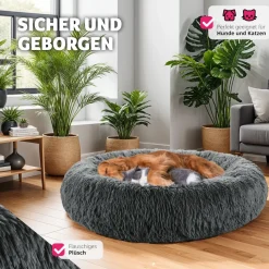 tectake® Hundebett, rund mit langem Plüsch, rutschfeste Unterseite, waschbar
