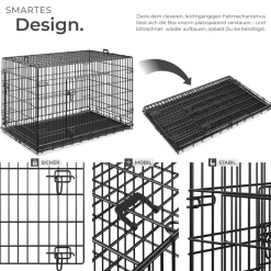 tectake® Hundekäfig-Gitterbox, klappbar, mit 2 Tragegriffen, 2 große Türen mit Doppelverriegelung, herausnehmbarer Boden, abgerundete Ecken