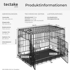 tectake® Hundekäfig-Gitterbox, klappbar, mit 2 Tragegriffen, 2 große Türen mit Doppelverriegelung, herausnehmbarer Boden, abgerundete Ecken