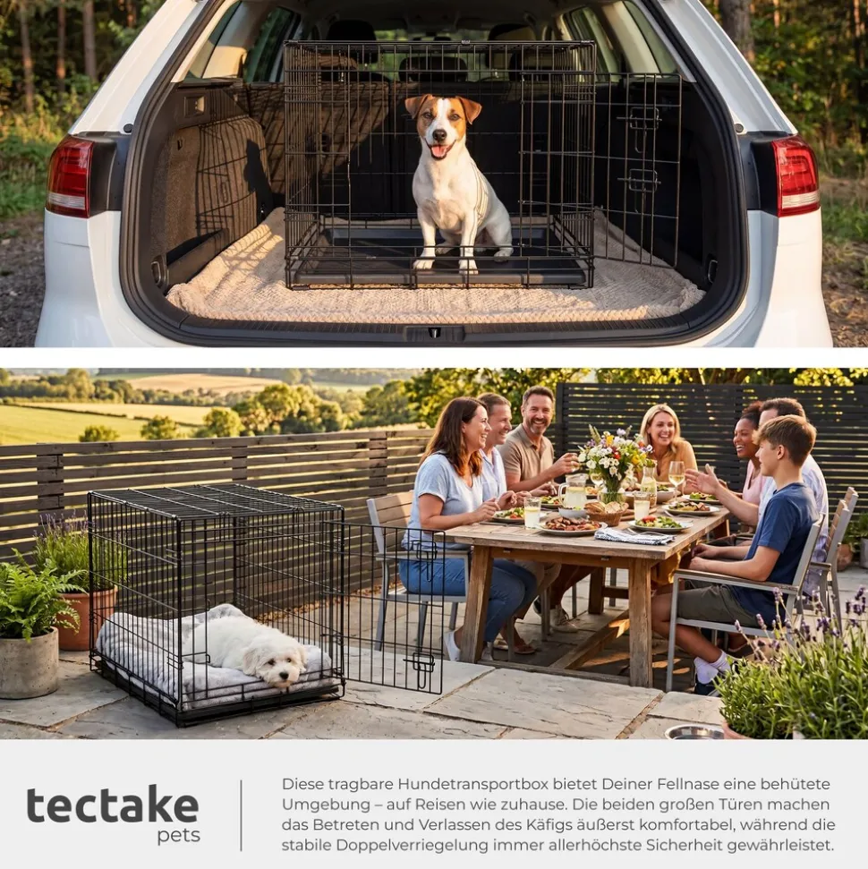 tectake® Hundekäfig-Gitterbox, klappbar, mit 2 Tragegriffen, 2 große Türen mit Doppelverriegelung, herausnehmbarer Boden, abgerundete Ecken