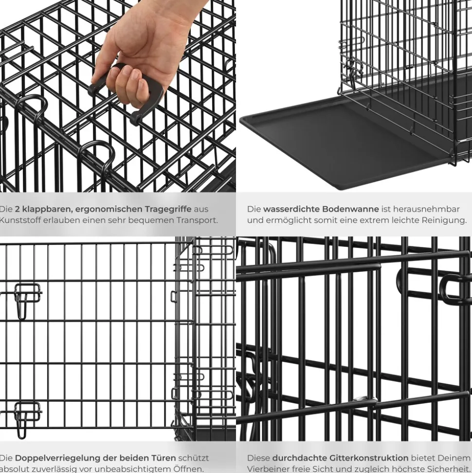 tectake® Hundekäfig-Gitterbox, klappbar, mit 2 Tragegriffen, 2 große Türen mit Doppelverriegelung, herausnehmbarer Boden, abgerundete Ecken