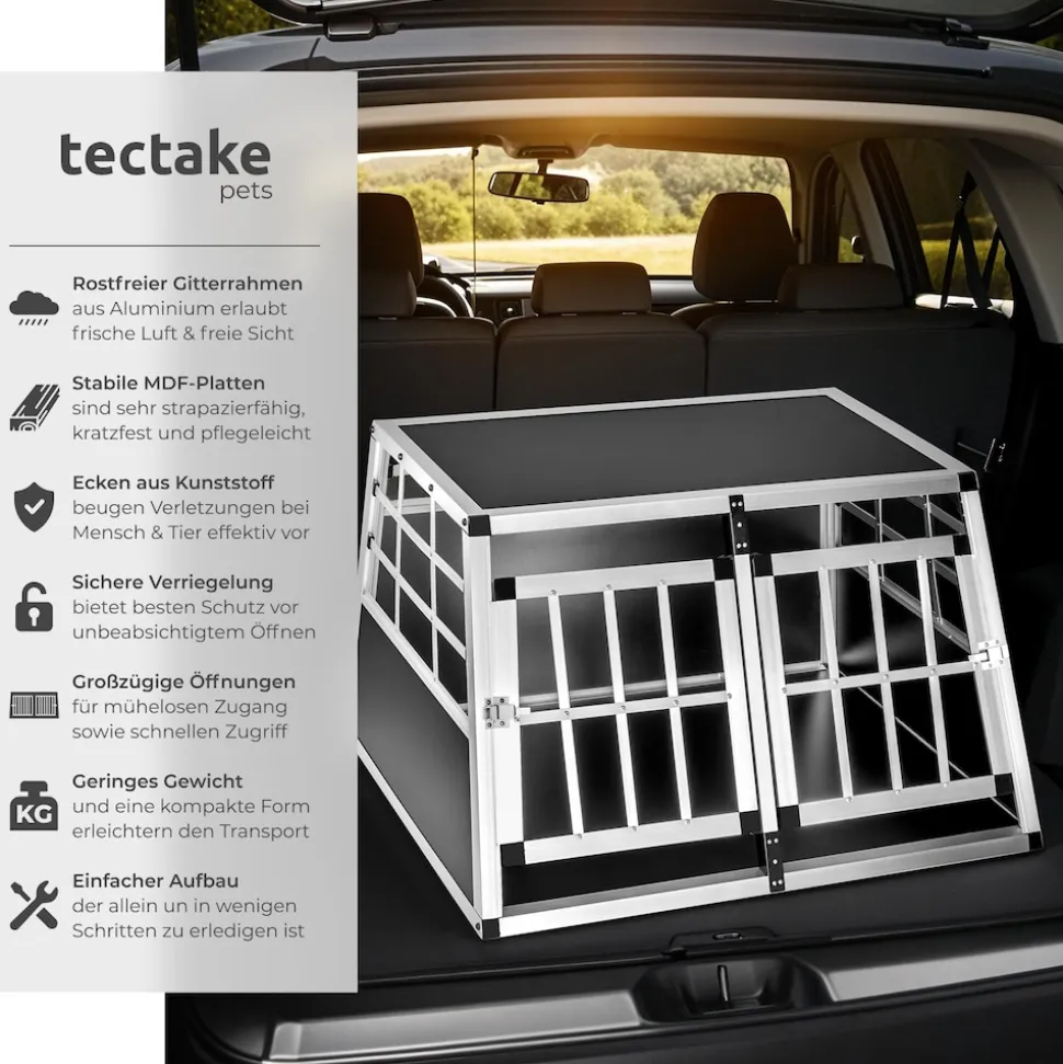 tectake® Hundetransportbox doppel, mit gerader Rückwand, verschließbare Gittertür, mit schützenden Kunststoffecken