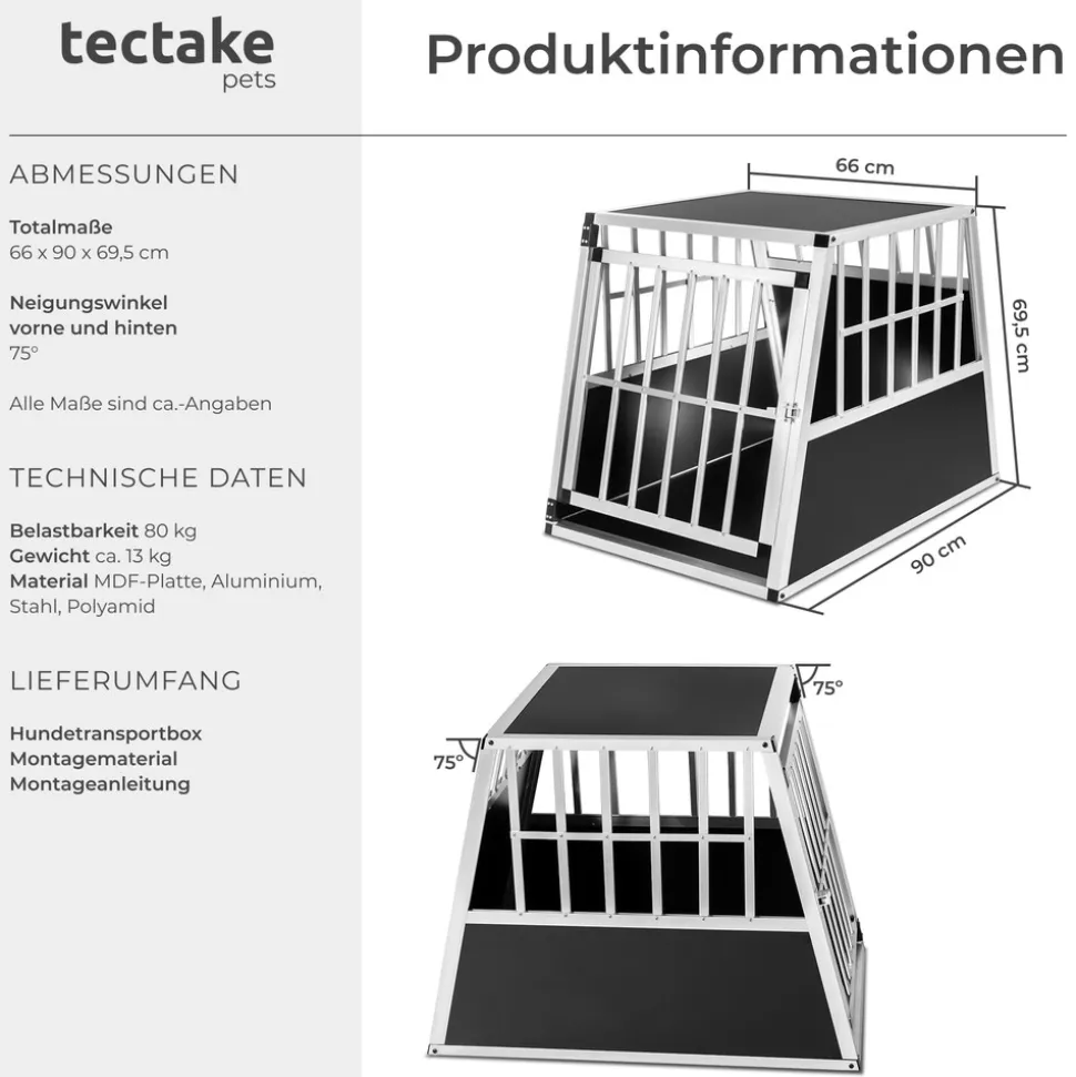 tectake® Hundetransportbox single, mit schräger Rückwand, verschließbare Gittertür, mit schützenden Kunststoffecken, 66 x 90 x 69,5 cm