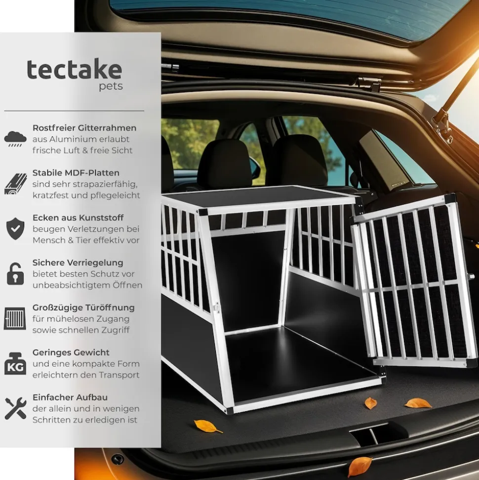 tectake® Hundetransportbox single, mit schräger Rückwand, verschließbare Gittertür, mit schützenden Kunststoffecken, 66 x 90 x 69,5 cm