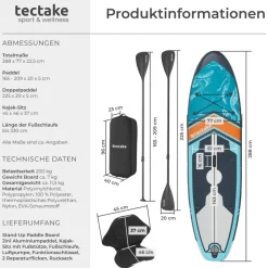 tectake® 2in1 Stand-Up Paddle Board 288 cm, aus Drop-Stitch Material, verstellbares Doppelpaddel, Belastbarkeit 200 kg, inklusive Kajak-Sitz