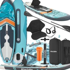 tectake® 2in1 Stand-Up Paddle Board 288 cm, aus Drop-Stitch Material, verstellbares Doppelpaddel, Belastbarkeit 200 kg, inklusive Kajak-Sitz