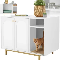 tectake® Katzenschrank, seitlicher Eingang, hohe Beine, kleines Staufach, inklusive Kratzmatte, 80 x 52 x 61,5 cm