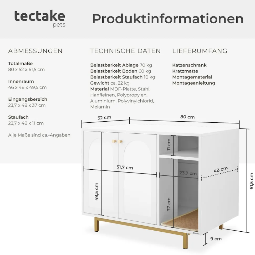 tectake® Katzenschrank, seitlicher Eingang, hohe Beine, kleines Staufach, inklusive Kratzmatte, 80 x 52 x 61,5 cm