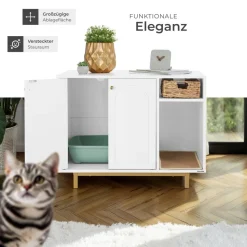 tectake® Katzenschrank, seitlicher Eingang, hohe Beine, kleines Staufach, inklusive Kratzmatte, 80 x 52 x 61,5 cm