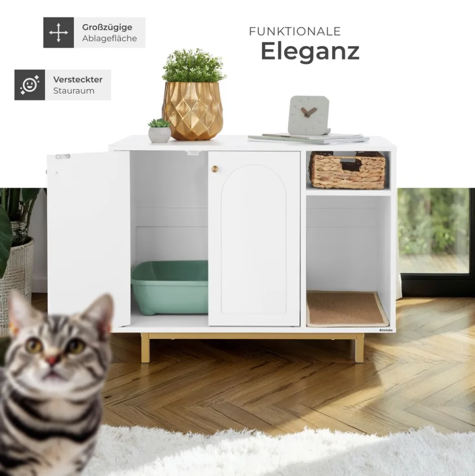 tectake® Katzenschrank, seitlicher Eingang, hohe Beine, kleines Staufach, inklusive Kratzmatte, 80 x 52 x 61,5 cm