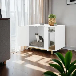 tectake® Katzenschrank, seitlicher Eingang, hohe Beine, kleines Staufach, inklusive Kratzmatte, 80 x 52 x 61,5 cm