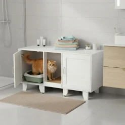tectake® Katzenschrank, versteckte Eingänge an den Innenseiten, Belüftungslöcher und 4 höhenverstellbare Beine, inklusive Kratzmatte, 120 x 52 x 65 cm