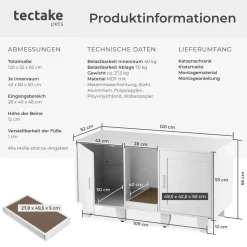 tectake® Katzenschrank, versteckte Eingänge an den Innenseiten, Belüftungslöcher und 4 höhenverstellbare Beine, inklusive Kratzmatte, 120 x 52 x 65 cm