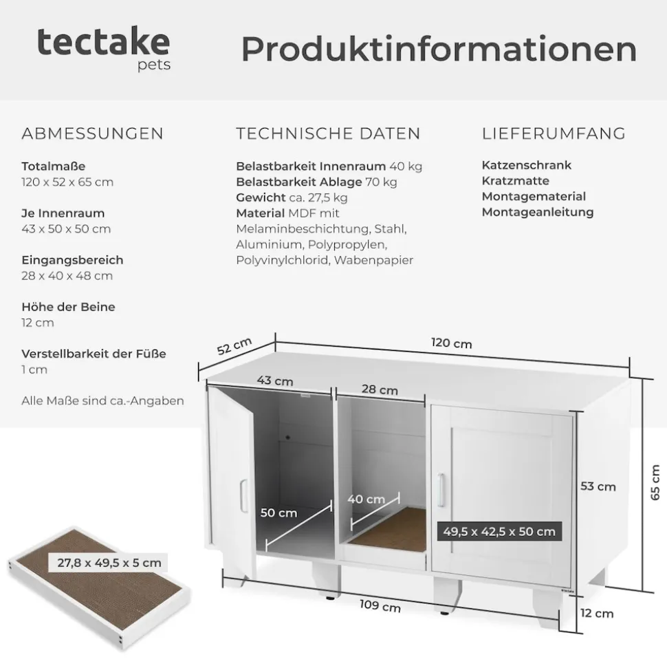 tectake® Katzenschrank, versteckte Eingänge an den Innenseiten, Belüftungslöcher und 4 höhenverstellbare Beine, inklusive Kratzmatte, 120 x 52 x 65 cm