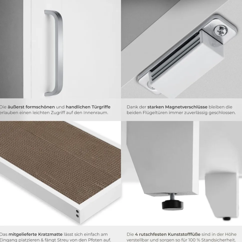 tectake® Katzenschrank, versteckte Eingänge an den Innenseiten, Belüftungslöcher und 4 höhenverstellbare Beine, inklusive Kratzmatte, 120 x 52 x 65 cm