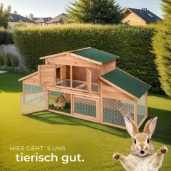 tectake® Kleintierstall, aus Holz, 4 Türen, Ruhezone und Freilaufbereich, inklusive ausziehbarer Schublade, 226 x 77 x 95,5 cm