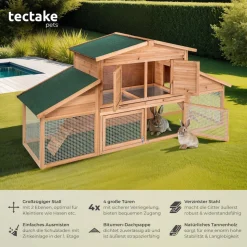 tectake® Kleintierstall, aus Holz, 4 Türen, Ruhezone und Freilaufbereich, inklusive ausziehbarer Schublade, 226 x 77 x 95,5 cm
