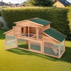 tectake® Kleintierstall, aus Holz, 4 Türen, Ruhezone und Freilaufbereich, inklusive ausziehbarer Schublade, 226 x 77 x 95,5 cm